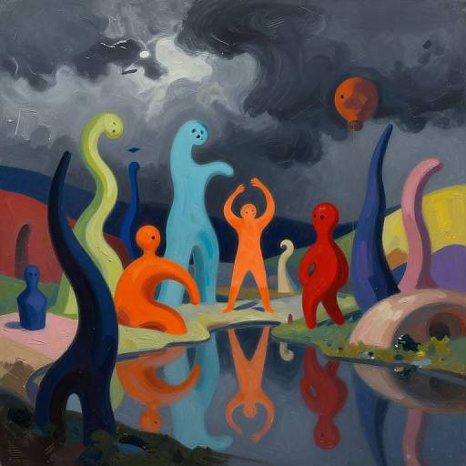 Vivid oil painting of colorful, abstract human-like figures with expressive poses, standing by a reflective pond under a stormy, moonlit sky.