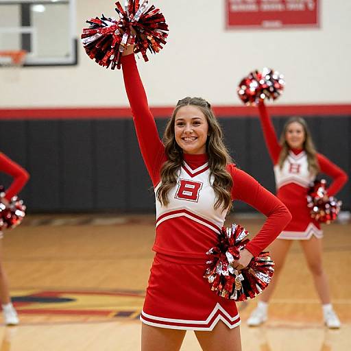 Photograph of a smiling female cheerleader with long brown hair, wearing a red and white uniform, holding red and black pom-poms, standing in
