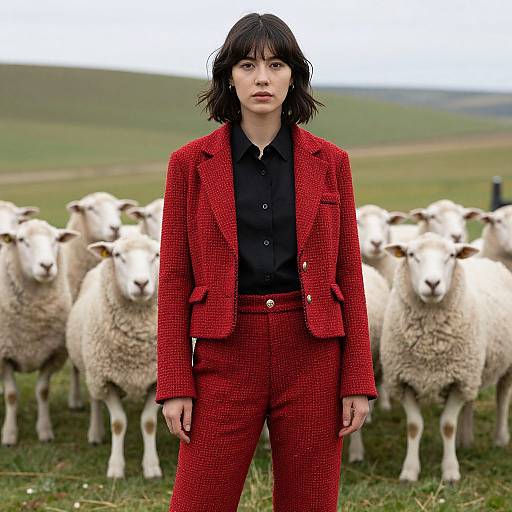 Woman in Red Heather Outfit with Sheep