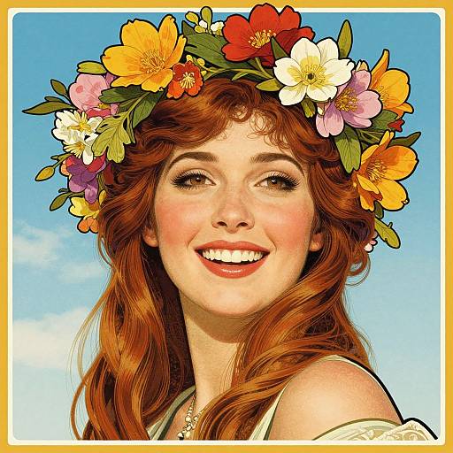 Digital illustration of a smiling red-haired woman with a colorful flower crown, blue sky background, and yellow border. Bright, vibrant colors.
