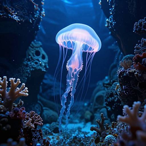 Photograph of a glowing blue jellyfish with translucent tentacles floating amidst dark, vibrant coral and marine life in an underwater aquarium.
