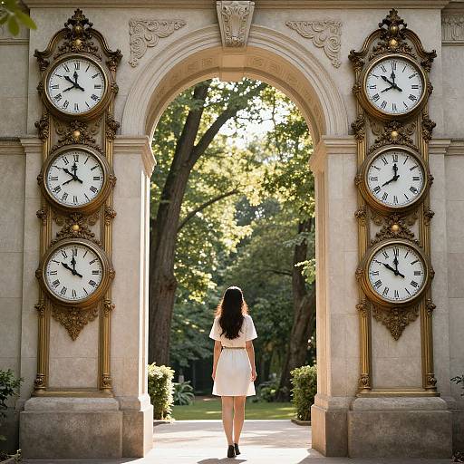 Photograph: Woman in white dress, long black hair, stands facing ornate clock arch with five vintage clocks, sunlight filtering through trees.