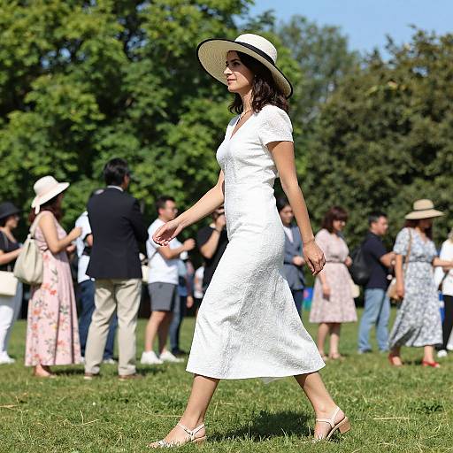 Photograph of a smiling woman in a white dress and wide-brimmed hat walking on grass, surrounded by a diverse, sunlit crowd in summer