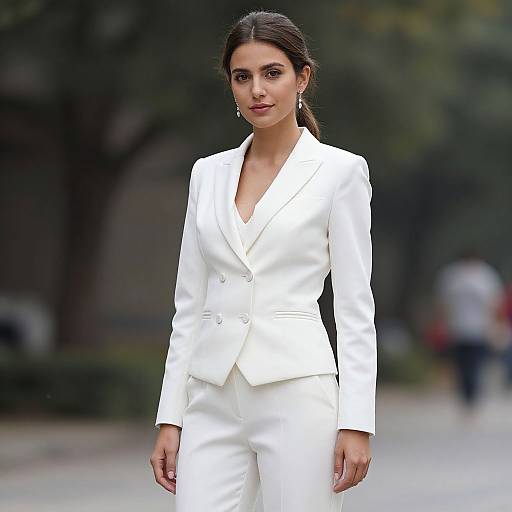 Photograph of a confident woman with dark hair in a sleek white blazer and pants, standing outdoors with a blurred background.