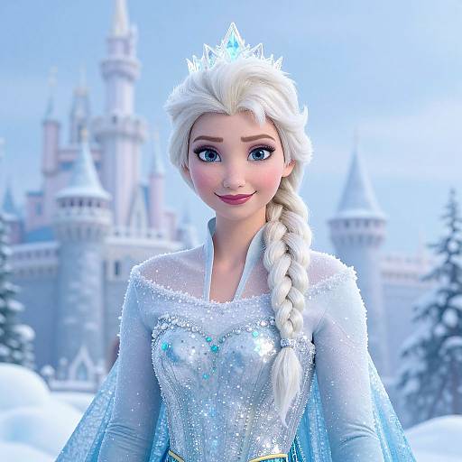 Digital CGI image of Elsa from Frozen, with long white braid, sparkling blue dress, silver crown, smiling, in snowy castle background.