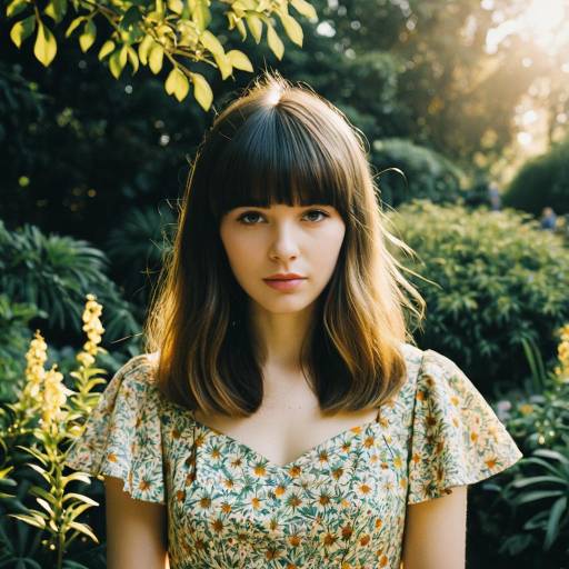 Young Woman with Blunt Bangs in Vintage Floral Dress