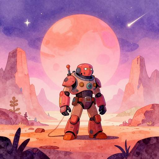 Retro Sci-Fi Fantasy Watercolor Scene