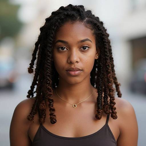 Photograph of a young Black woman with dark brown skin, medium-length twisted dreadlocks, wearing a black spaghetti-strap top, and a delicate gold