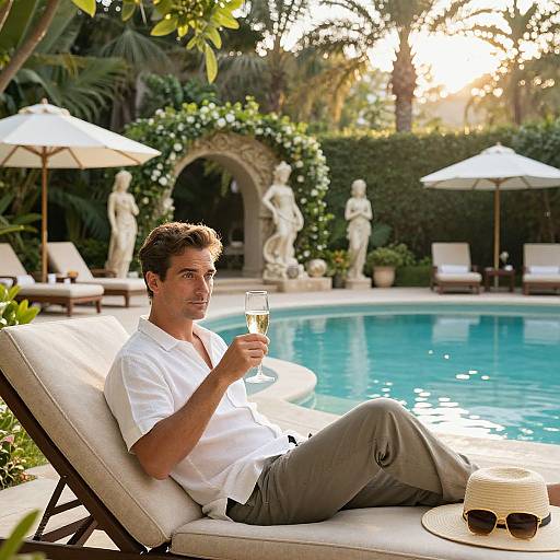 Photograph of a handsome man with short brown hair, white shirt, and gray pants, lounging by a sunny pool, holding a champagne glass,