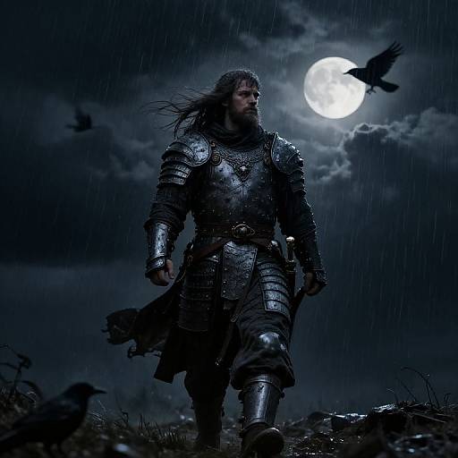 Photorealistic digital artwork of a fierce, long-haired warrior in dark, glistening armor under a rainy, moonlit night, with ravens flying