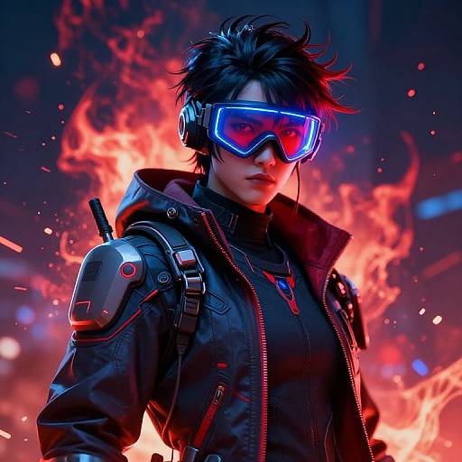 Digital artwork of a fierce, black-haired woman with glowing blue visor, black tactical jacket, and shoulder armor, standing against vibrant red and orange flames