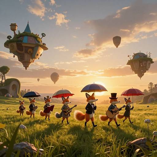 Whimsical CGI scene: anthropomorphic foxes in Victorian attire, playing instruments and holding umbrellas, walk in a sunlit meadow with floating