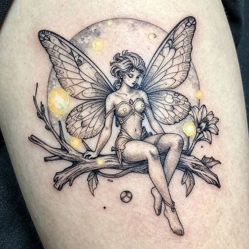Black and gray tattoo of a fairy with intricate wings, sitting on a branch, surrounded by glowing orbs and flowers.