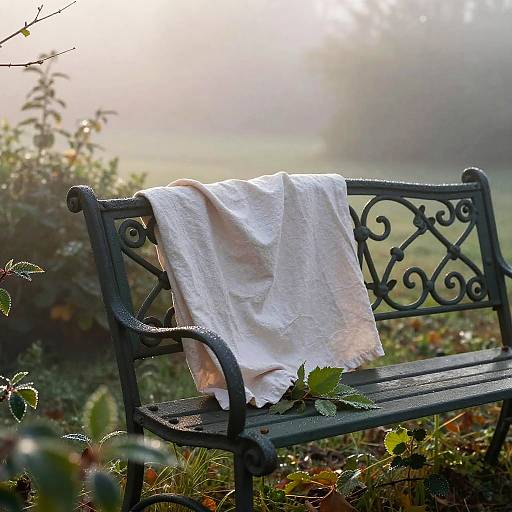 Photograph of a black wrought-iron bench with a white, slightly crumpled linen cloth draped over it in a misty garden.