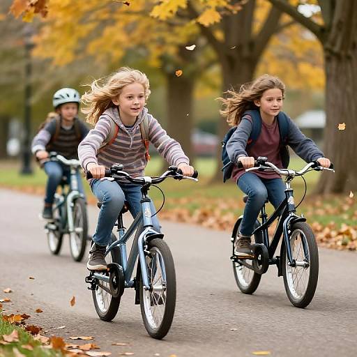 Photograph of three children with long hair, riding bicycles on a leaf-strewn park path during autumn, with yellow leaves falling.
