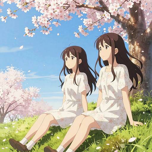 Anime-style digital drawing of two girls with long black hair, wearing white dresses, sitting on grass under cherry blossom trees, bright blue sky background, petals
