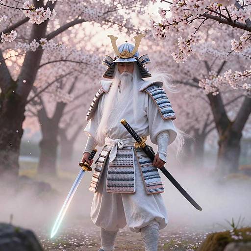 Photograph of a samurai warrior with a white beard, helmet with golden horns, white armor, and katana, standing under cherry blossoms.