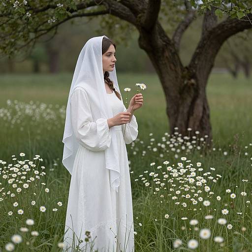 Photograph of a woman in white robe and veil, holding a white daisy, standing in a grassy field with white flowers and a large tree