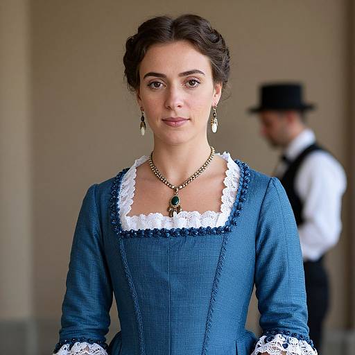 Photograph of a young woman with fair skin and dark brown hair in an early 20th-century blue dress with white lace trim, wearing gold earrings