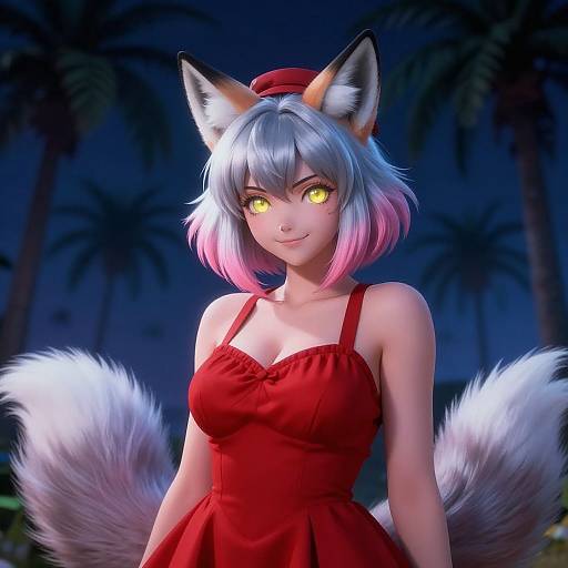 Digital anime-style illustration of a fox-girl with silver hair, pink tips, glowing yellow eyes, red dress, and multiple fluffy white tails, set against