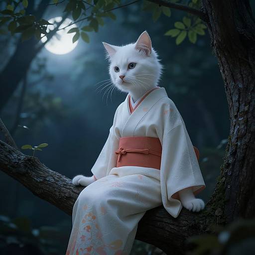Photograph of a white cat wearing a traditional white and red kimono, sitting on a tree branch in a moonlit forest.