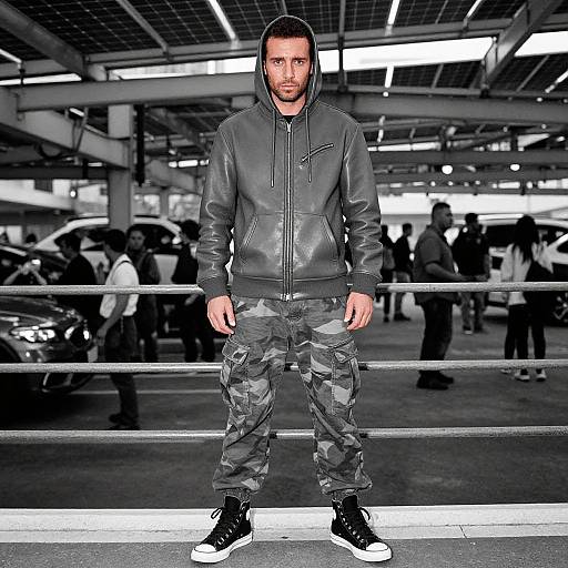 Photograph of a bearded man with short dark hair, wearing a black hooded jacket, camouflage pants, and black sneakers, standing in a busy