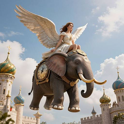 Angel with white wings riding a golden-ornamented elephant above a fairy-tale castle with blue domes and a clock. Photorealistic CGI