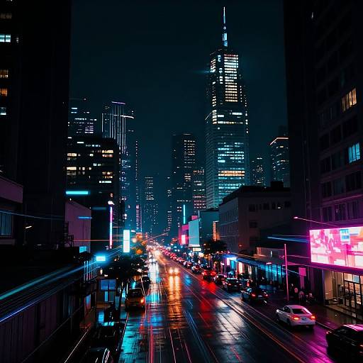 Nighttime cityscape photograph of a neon-lit, rainy urban street with glowing skyscrapers, colorful lights, and blurred car headlights.