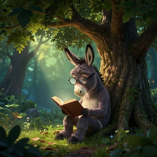 Anthropomorphic gray donkey with round glasses, sitting against a tree in a sunlit forest, reading a book, surrounded by lush greenery.