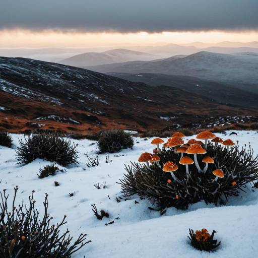 Brownish Moorland Hills with Orange Mushrooms in Snow
