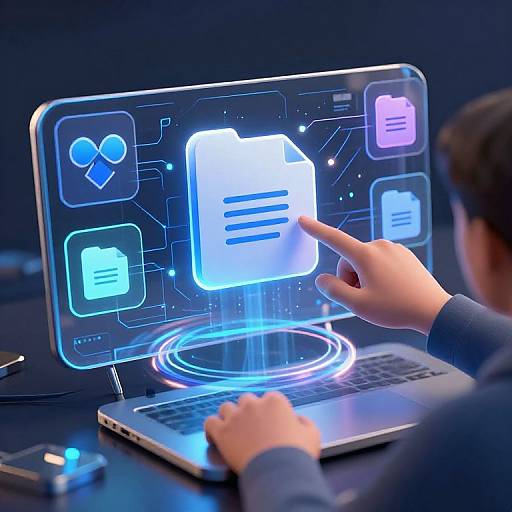 Photograph of a hand pointing at a holographic interface on a laptop screen, displaying glowing icons, files, and a document.