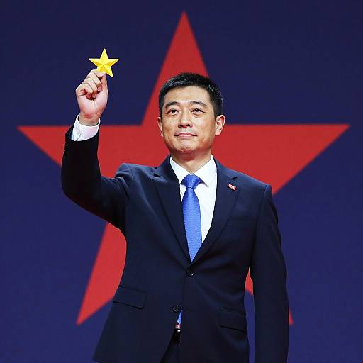 Photograph of an Asian man in a black suit, blue tie, holding a yellow star, standing against a blue background with a red star.