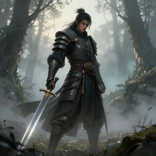 Digital fantasy artwork of a stern, armored warrior with long black hair, holding a glowing sword in a misty forest.