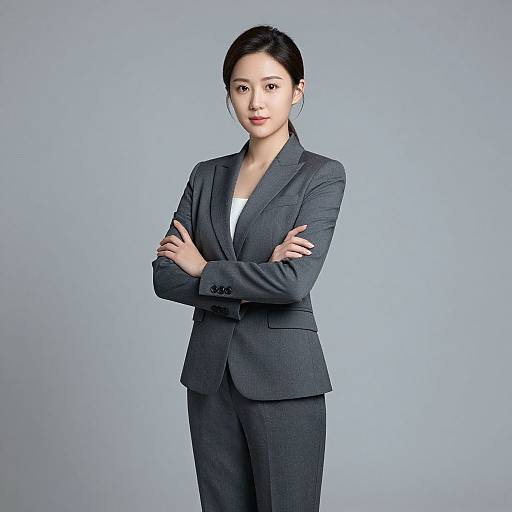 Photograph of an Asian woman with black hair in a professional gray suit, white top, arms crossed, standing against a plain gray background.