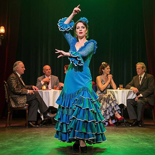 Photograph of a flamenco dancer in a vibrant blue, ruffled dress performing on stage, with an audience of five seated in the background.