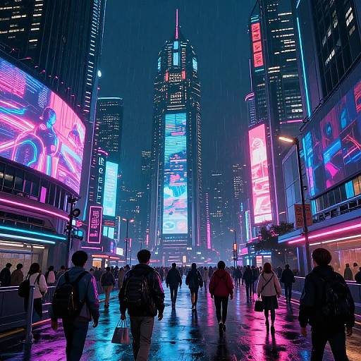 Photograph of a neon-lit, rainy city street at night, crowded with pedestrians. Bright, colorful billboards on tall skyscrapers reflect on