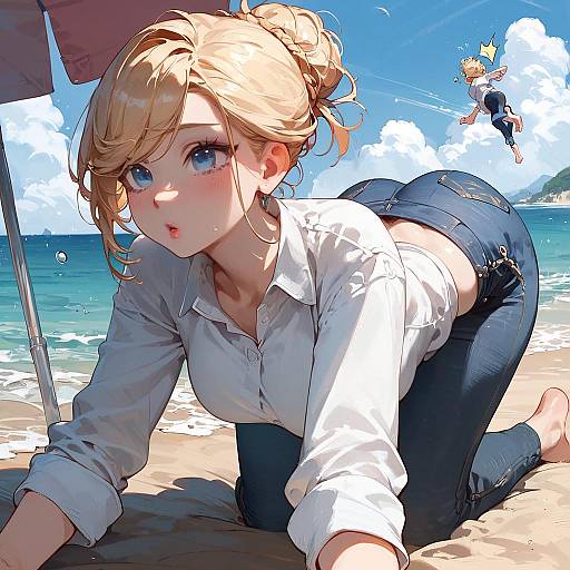 Surprised Girl on Beach in 4K