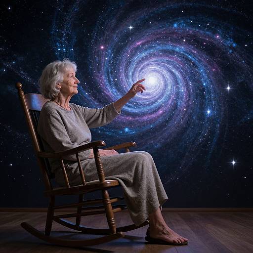 Elderly woman with white hair in gray robe, seated in wooden rocking chair, points at a glowing galaxy spiral in a starry night backdrop.