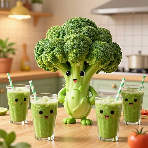 Photograph of a cute, green broccoli character with a smiling face, standing on a kitchen counter with five green smoothies adorned with similar faces, surrounded