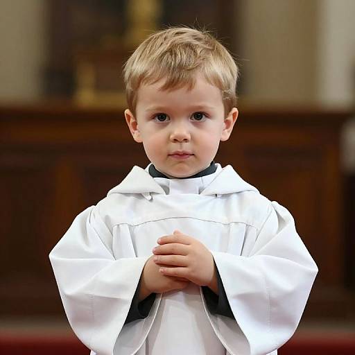 Photograph of a young boy with light brown hair, wearing a white church robe, standing with hands clasped in front, in a blurred wooden-pane
