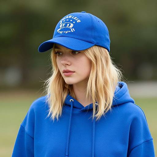 Blonde Girl in Blue Hoodie and Hat
