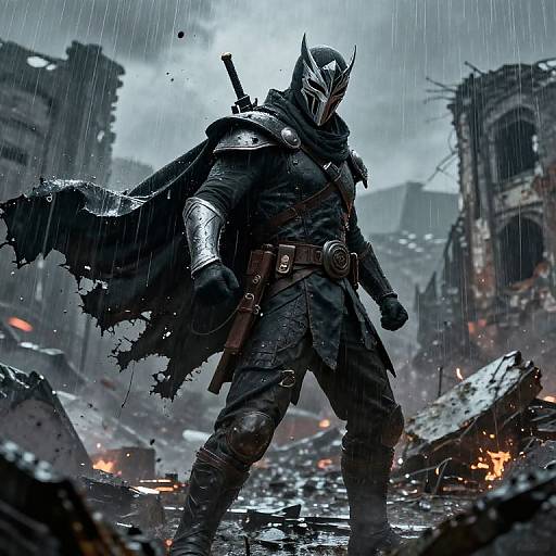 Masked Vigilante on Rainy Battlefield