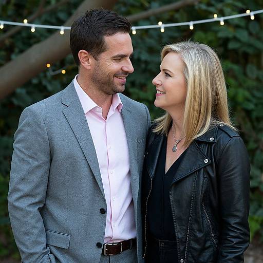 Photograph of a smiling couple; man in gray suit, white shirt, dark-haired; woman in black leather jacket, blonde hair, green foliage background