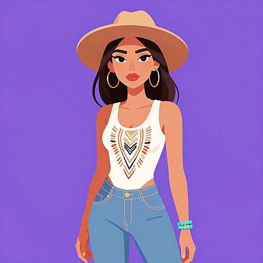 Digital illustration of a confident woman with tan skin, wearing a white tank top with a geometric design, blue jeans, a beige hat, hoop earrings,