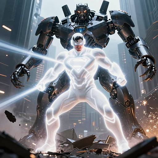 Photograph-style CGI of a glowing, muscular superhero in white suit, facing a towering, black, robotic enemy in a ruined, futuristic city.