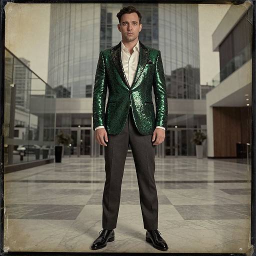 Photograph of a man with short brown hair in a shiny green sequin blazer, white shirt, black pants, and black shoes, standing in