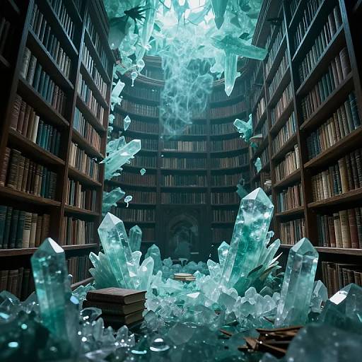 Photograph of a dimly lit library with towering bookshelves, illuminated by glowing, translucent blue crystals floating and scattered on the floor.