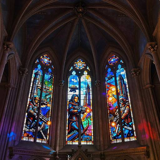 Photograph of vibrant, multi-colored Gothic-style stained glass windows in a cathedral, featuring intricate, detailed religious scenes and geometric patterns.