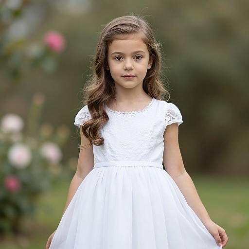 Photograph of a young girl with long brown hair, wearing a white, lace-trimmed dress, standing in a blurred garden with pink and white