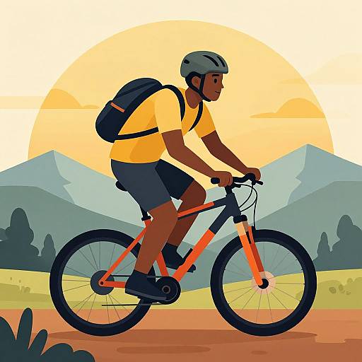 Digital illustration of a Black man in a yellow shirt, black shorts, and helmet, riding an orange bike against a sunset over mountains. He has a